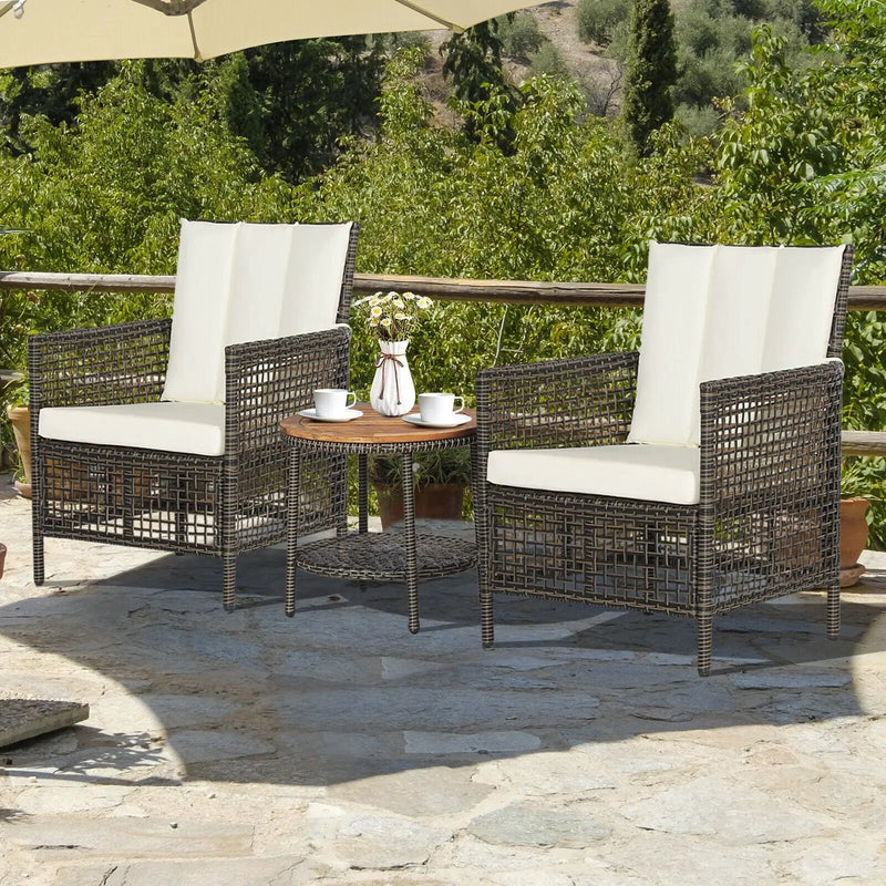 3 Pieces Patio Rattan Furniture Set with Cushioned Sofas and Wood Table Top-White by DirectDeals