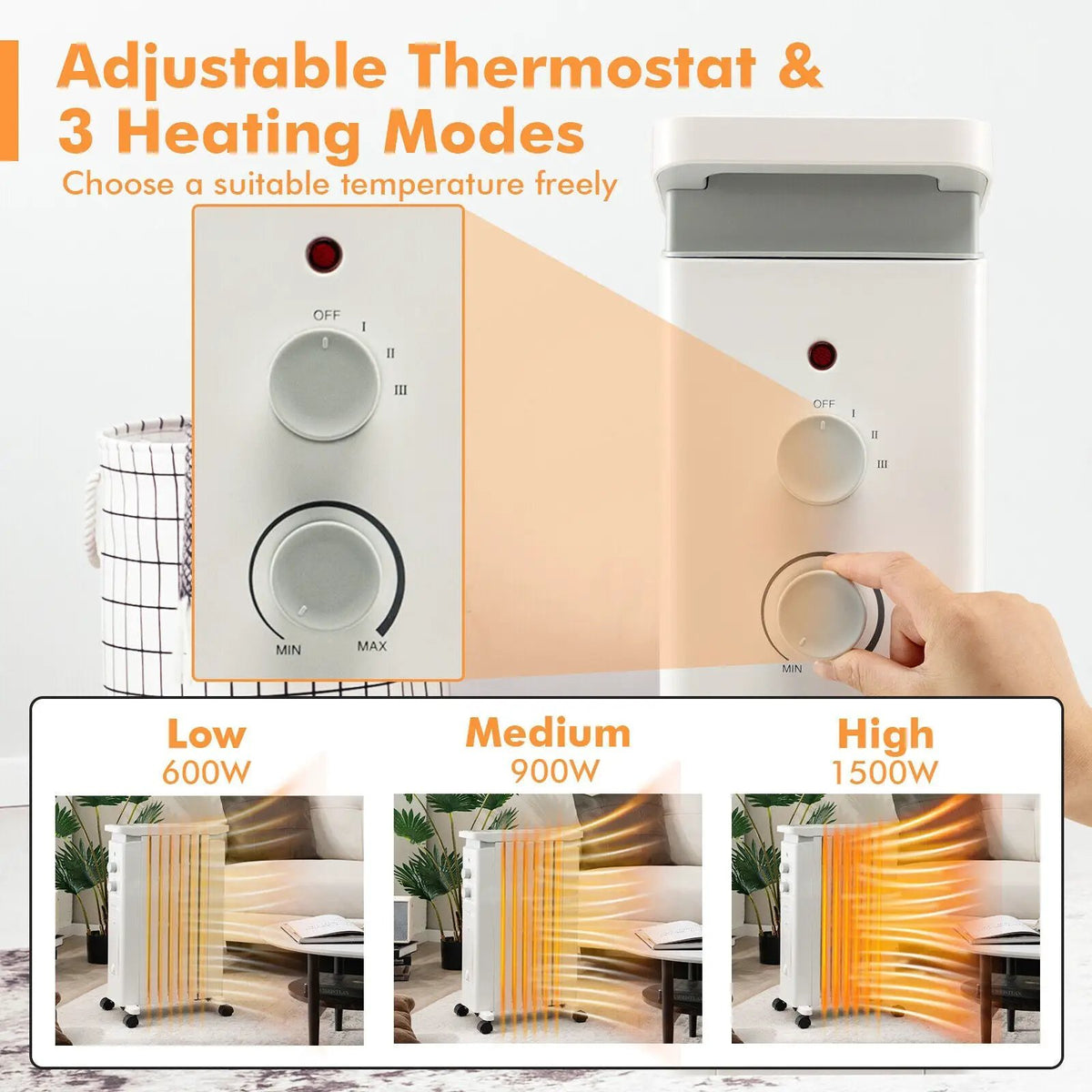 1500W Portable Oil Filled Radiator Heater with 3 Heat Settings, photo 8 of 9