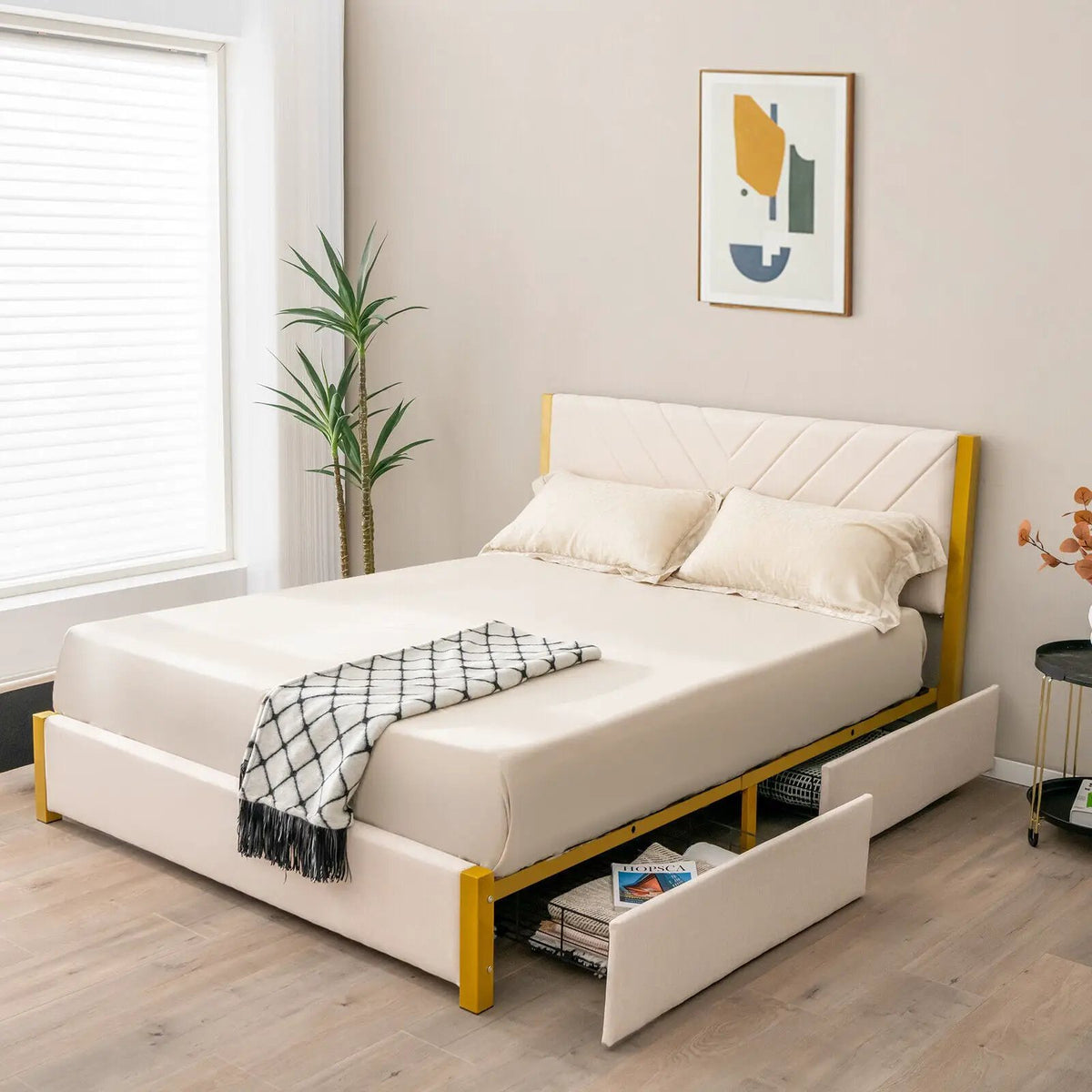 Full Size/Queen Size Upholstered Bed Frame with Adjustable Headboard and 4 Drawers, photo 2 of 16