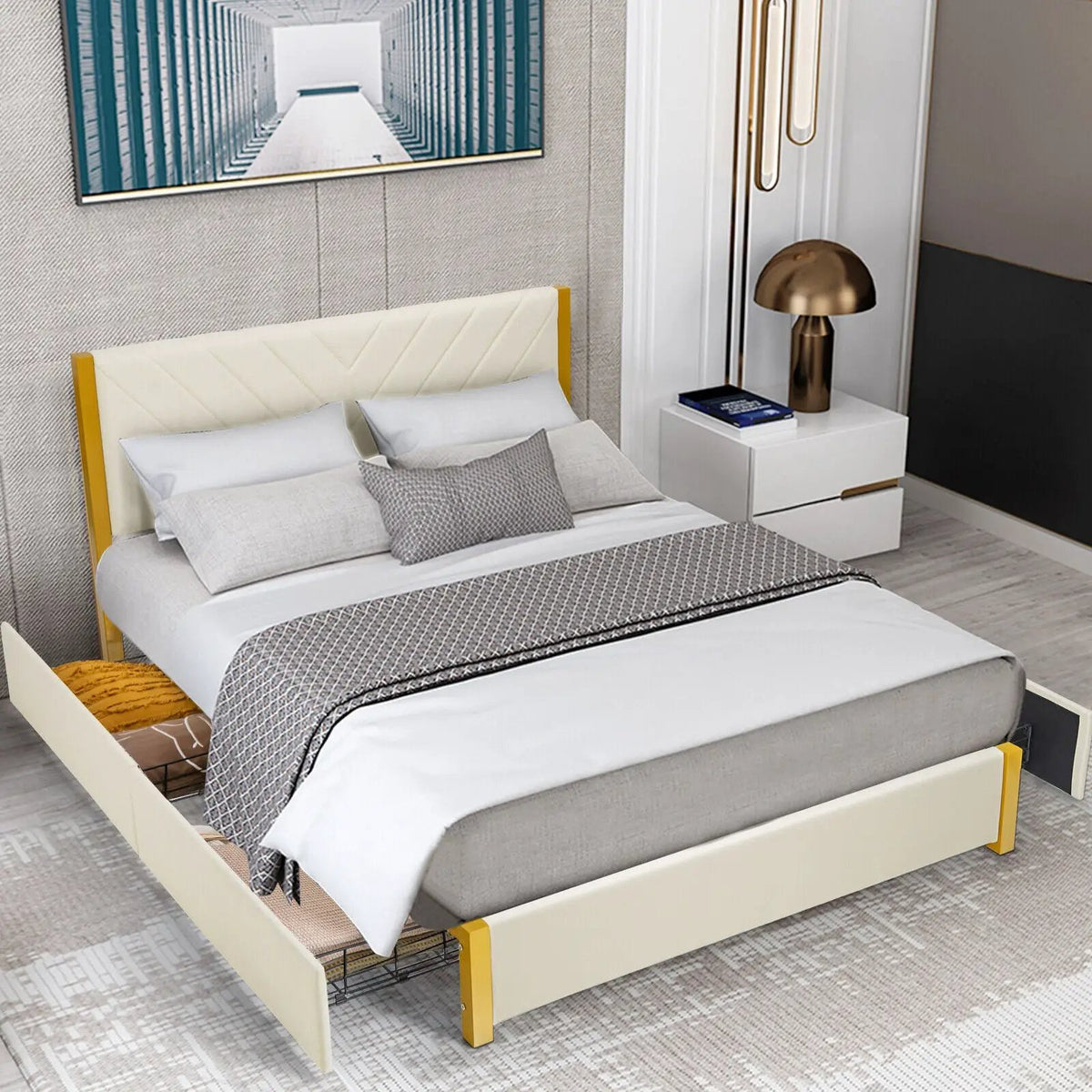 Full Size/Queen Size Upholstered Bed Frame with Adjustable Headboard and 4 Drawers, photo 5 of 16