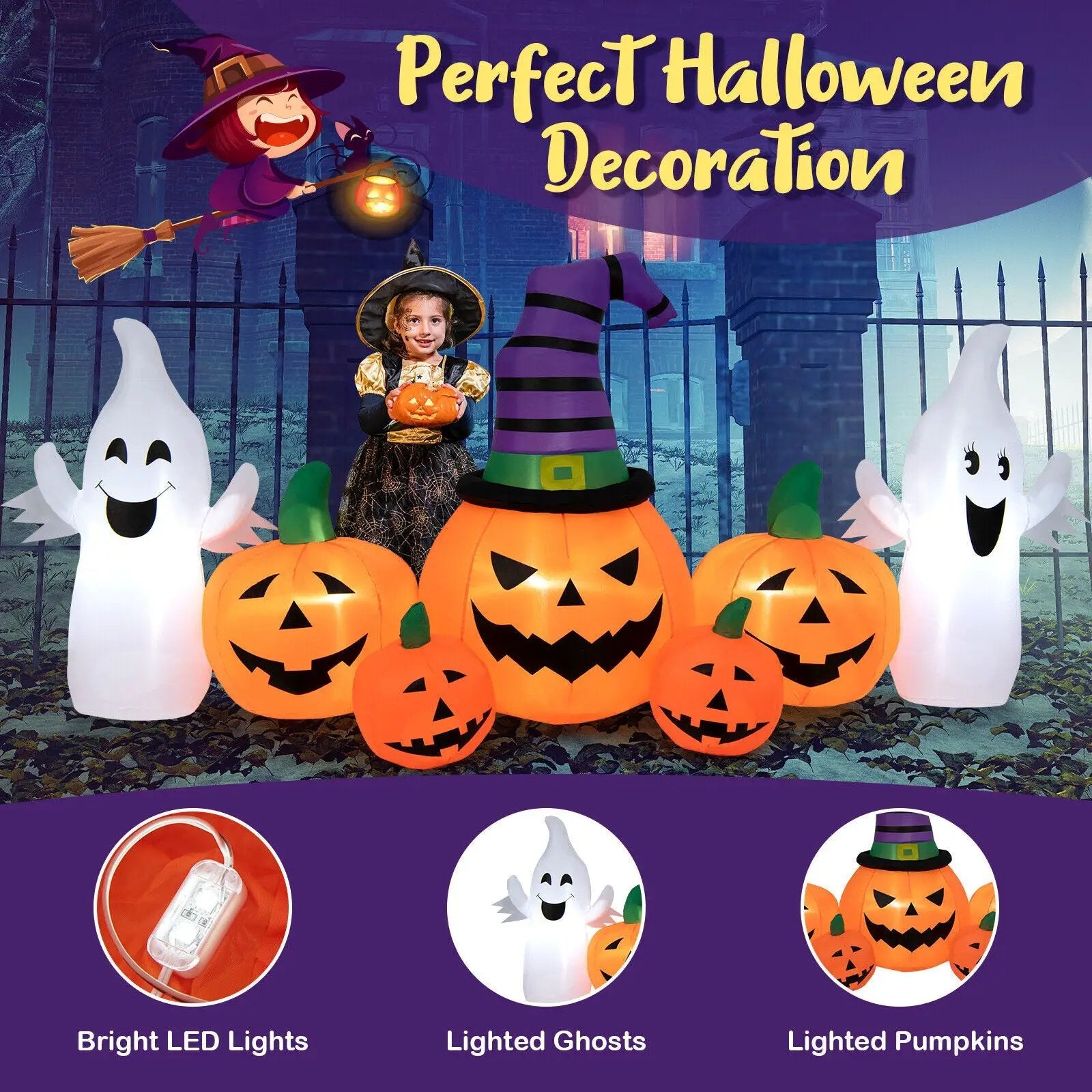 9 Feet Long Halloween Inflatable Pumpkins with 2 Ghosts by DirectDeals