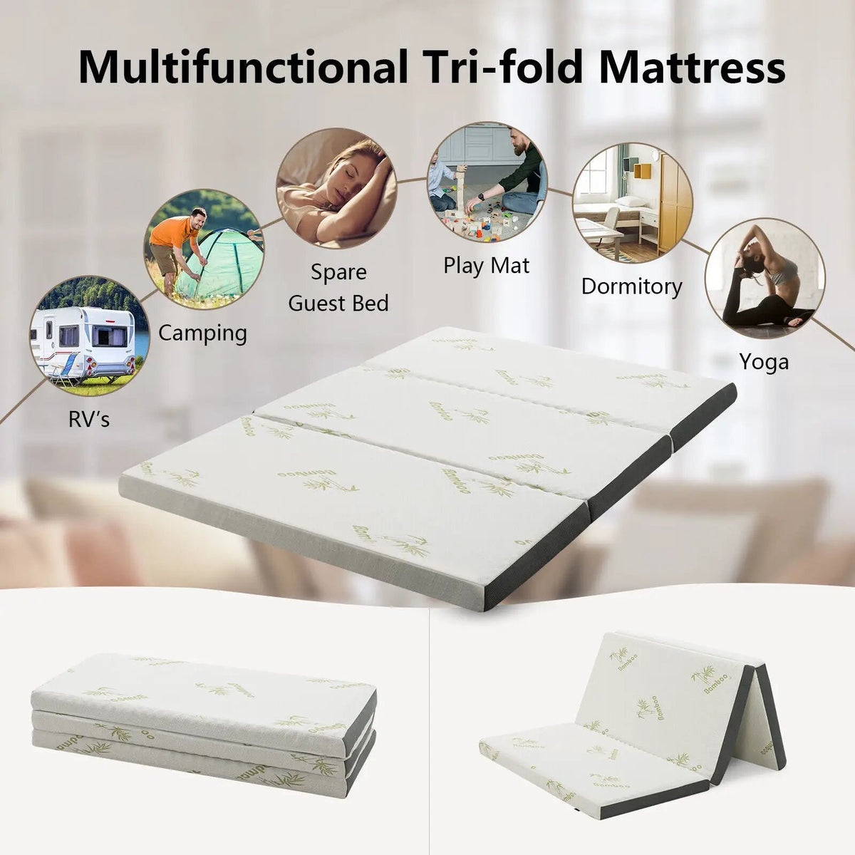 Portable Tri-fold Memory Foam Floor Mattress Topper Portable with Carrying Bag, photo 6 of 10