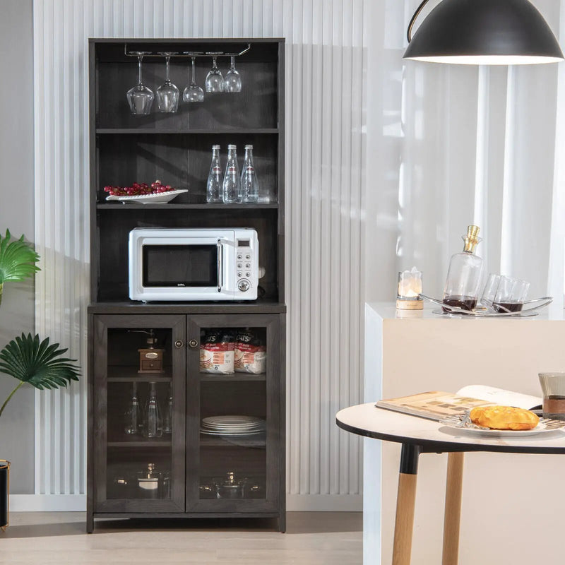 Tall Freestanding Bar Cabinet Buffet with Glass Holder and Adjustable Shelf-Gray by DirectDeals