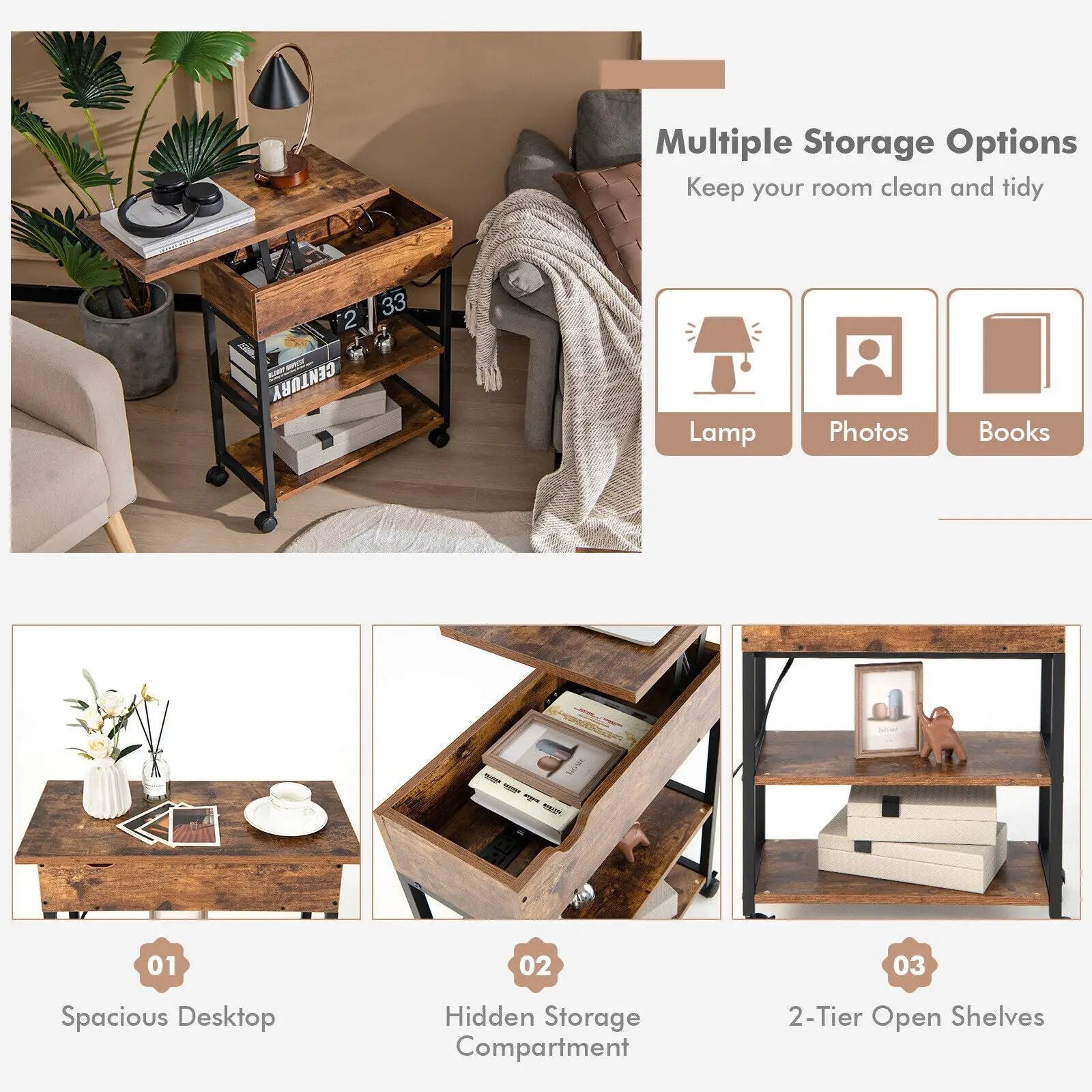 Lift Top End Table with Charging Station and Universal Wheels-Rustic Brown by DirectDeals