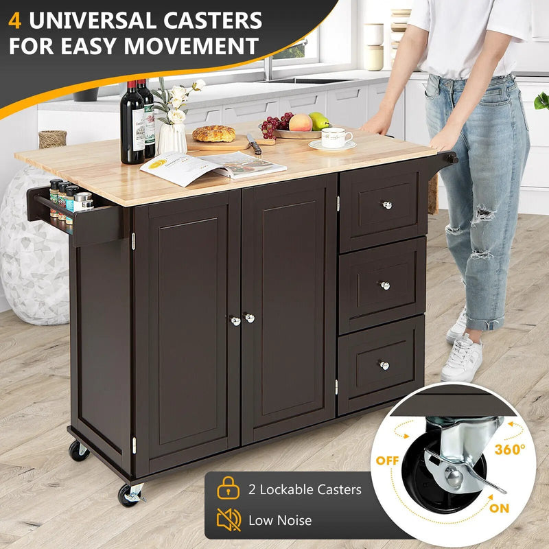Kitchen Island Trolley Cart Wood with Drop-Leaf Tabletop and Storage Cabinet by DirectDeals