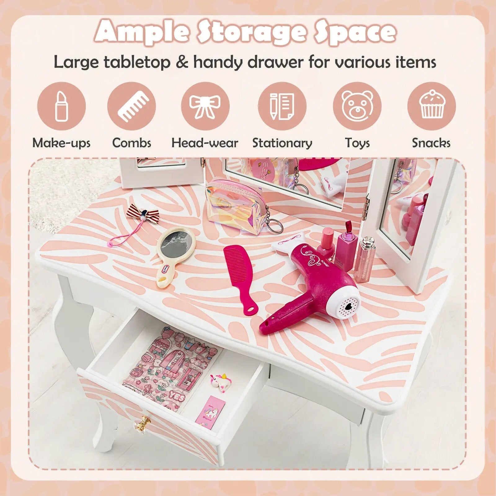 2-in-1 Kids Vanity Table Set with Tri-folding Mirror-Pink by DirectDeals