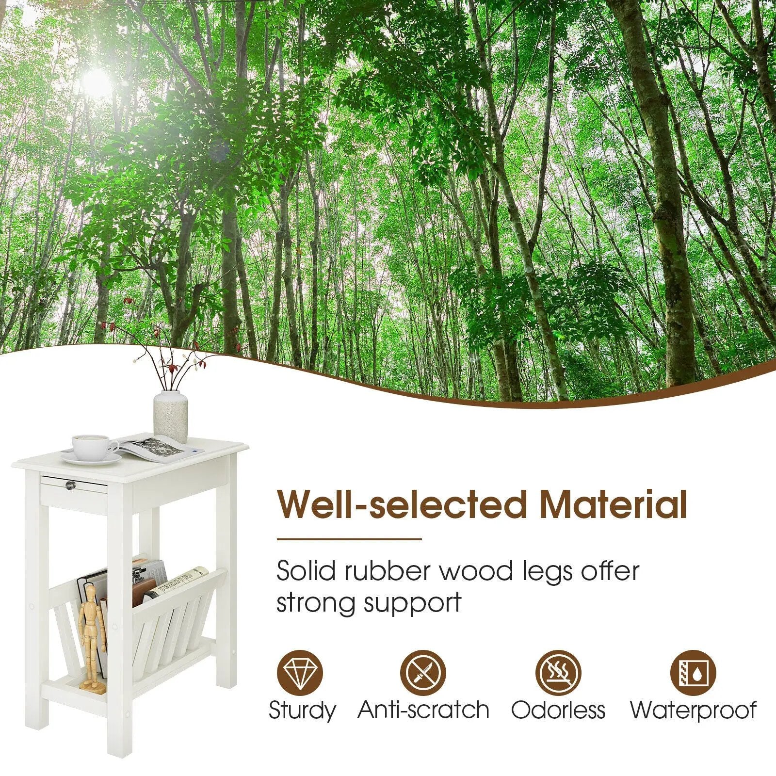 2-Tier End Table with Pull-out Tray and Solid Rubber Wood Legs by DirectDeals