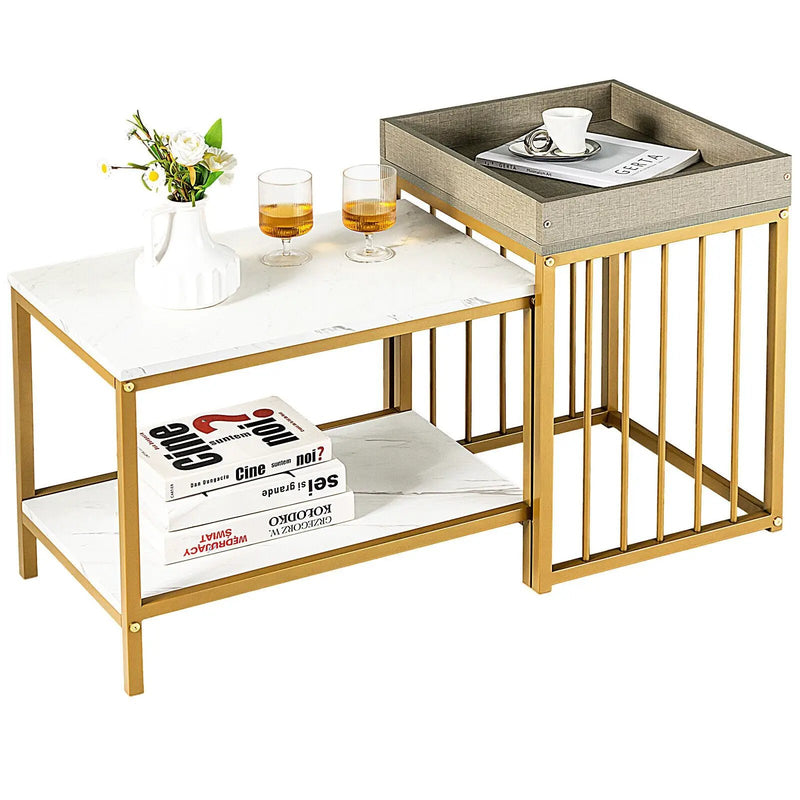 2 Pieces Nesting Coffee Table Set for Living Room-White by DirectDeals