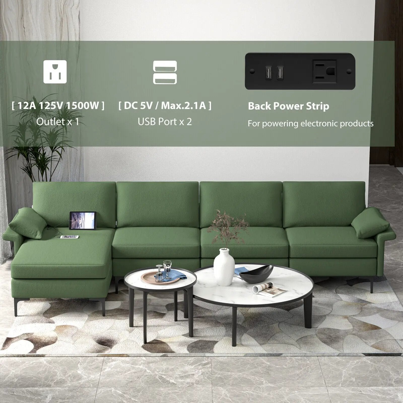 Extra Large L-shaped Sectional Sofa with Reversible Chaise and 2 USB Ports for 4-5 People by DirectDeals
