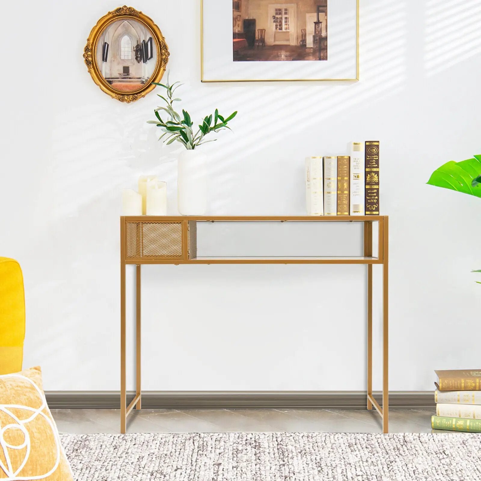 Faux Marble Console Table with Wire Baske for Hallway and Living Room-White by DirectDeals