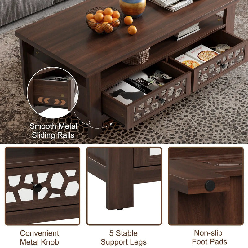 3-tier Coffee Table with 2 Drawers and 5 Support Legs by DirectDeals