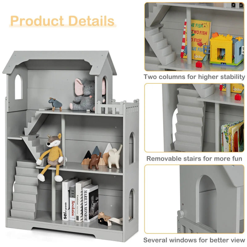 Kids Wooden Dollhouse Bookshelf with Anti-Tip Design and Storage Space by DirectDeals