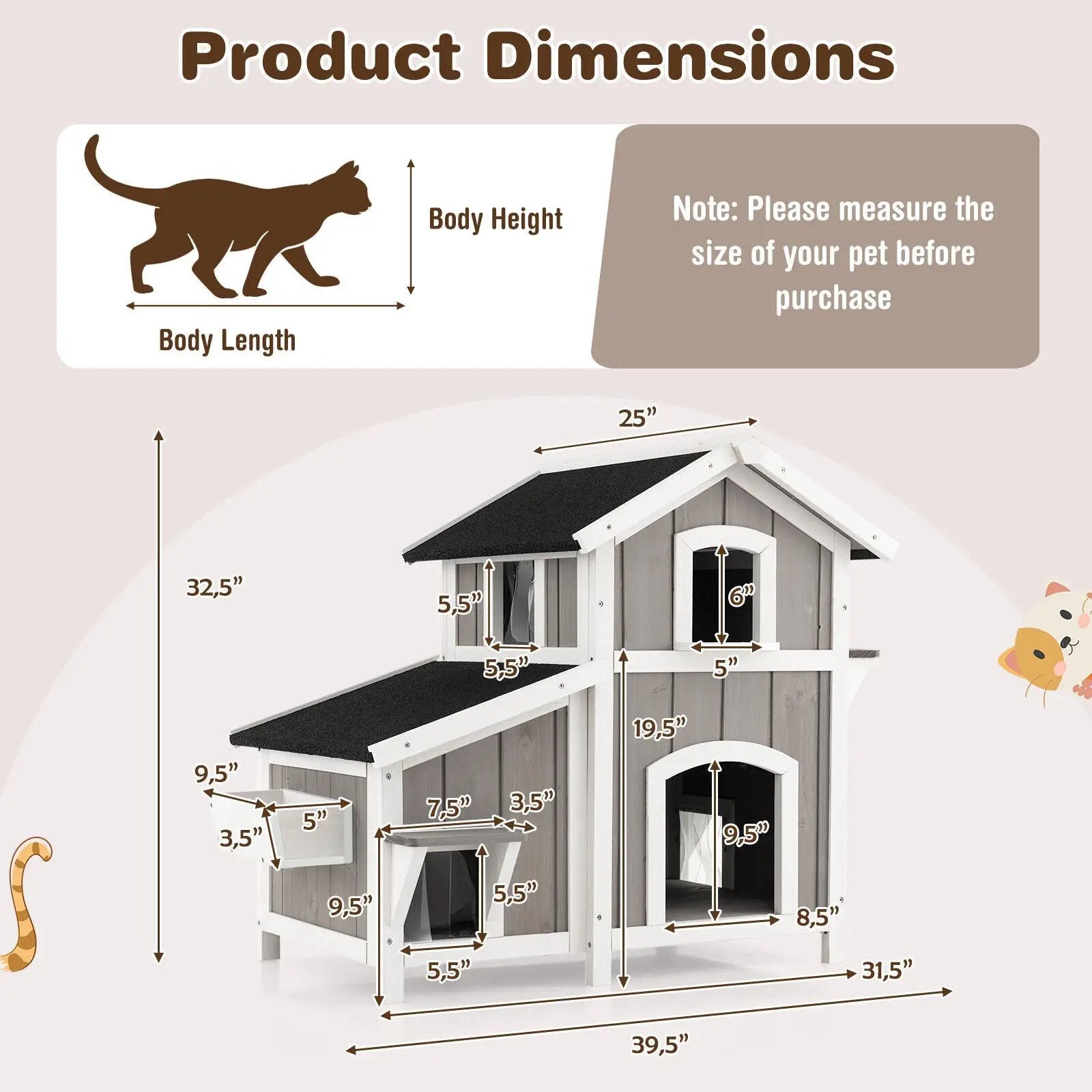 2-Story Outdoor Wooden Feral Cat House with Escape Door-Grey by DirectDeals
