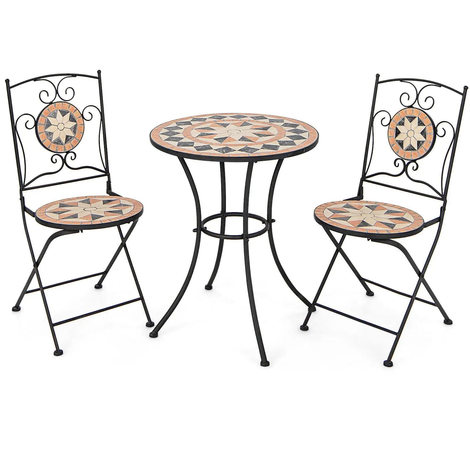 3 Pieces Patio Bistro Set with 1 Round Mosaic Table and 2 Folding Chairs by DirectDeals