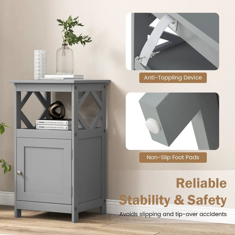 Bathroom Floor Cabinet Side Storage Organizer with Open Shelf and Single Door-Gray by DirectDeals