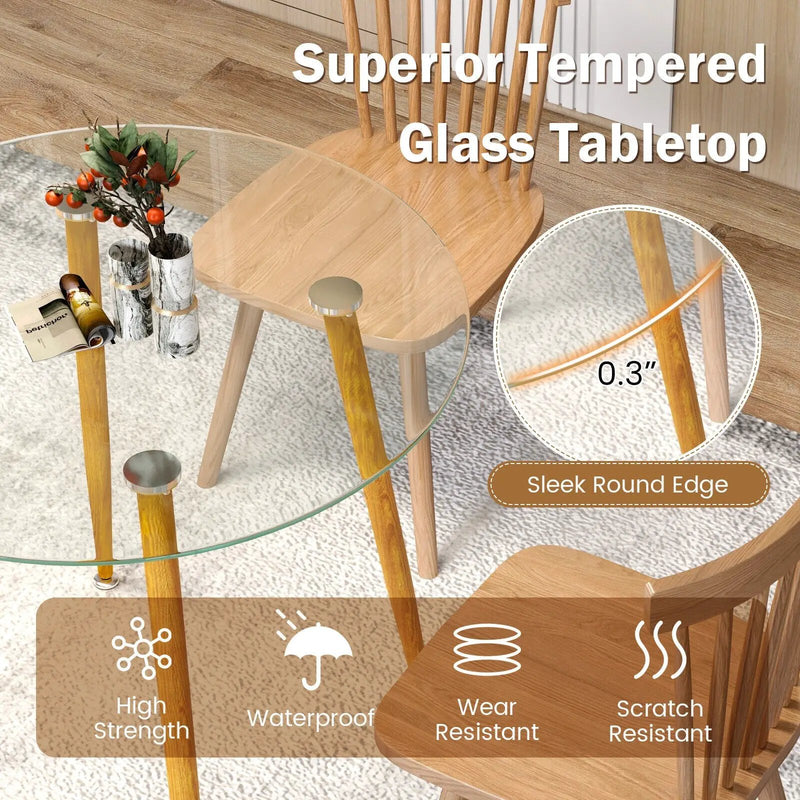 Round Glass Dining Table Leisure Coffee Table with Metal Legs-Natural by DirectDeals