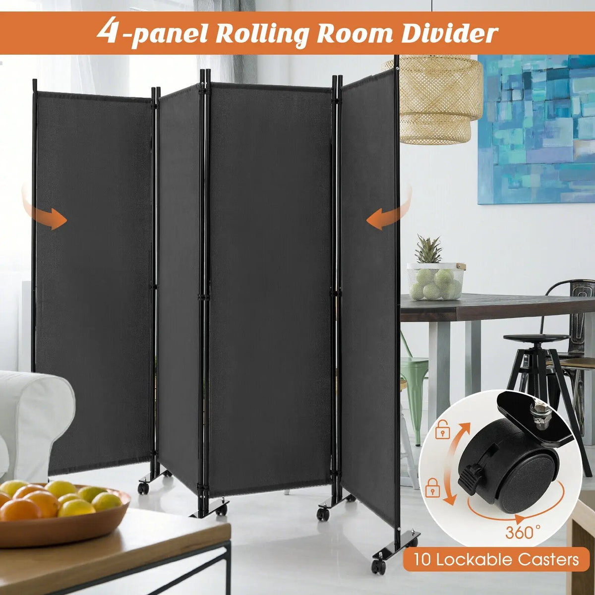4-Panel Folding Room Divider 6 Feet Rolling Privacy Screen with Lockable Wheels, photo 8 of 11