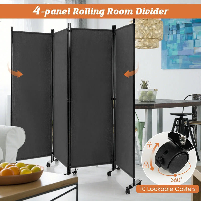 4-Panel Folding Room Divider 6 Feet Rolling Privacy Screen with Lockable Wheels by DirectDeals