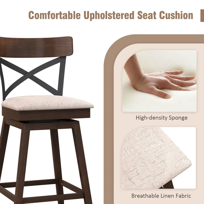Set of 2 Wooden Swivel Bar Stools with Cushioned Seat and Open X Back by DirectDeals