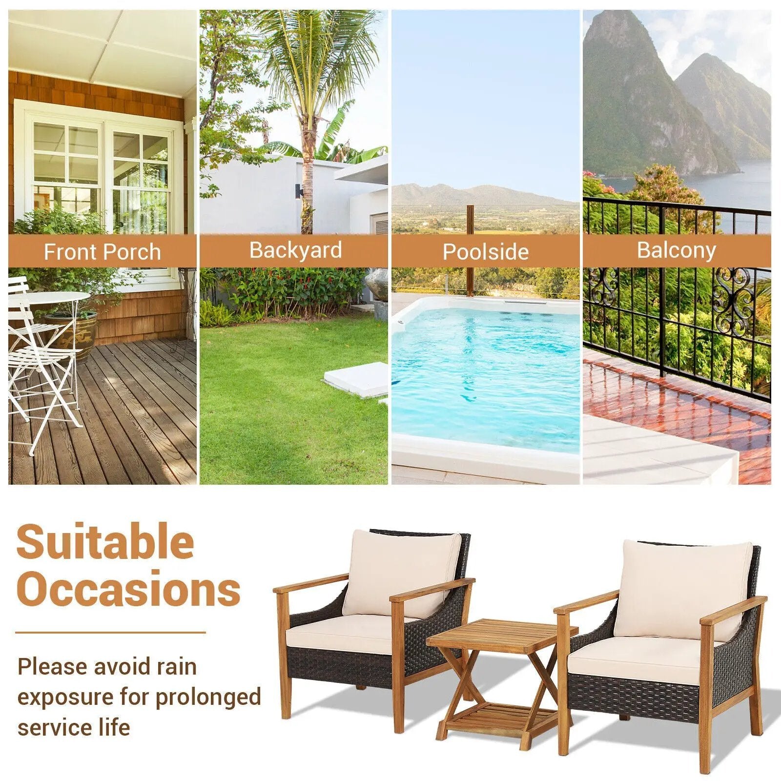 3 Pieces Patio Wicker Furniture Set with 2-Tier Side Table and Cushioned Armchairs-Natural by DirectDeals