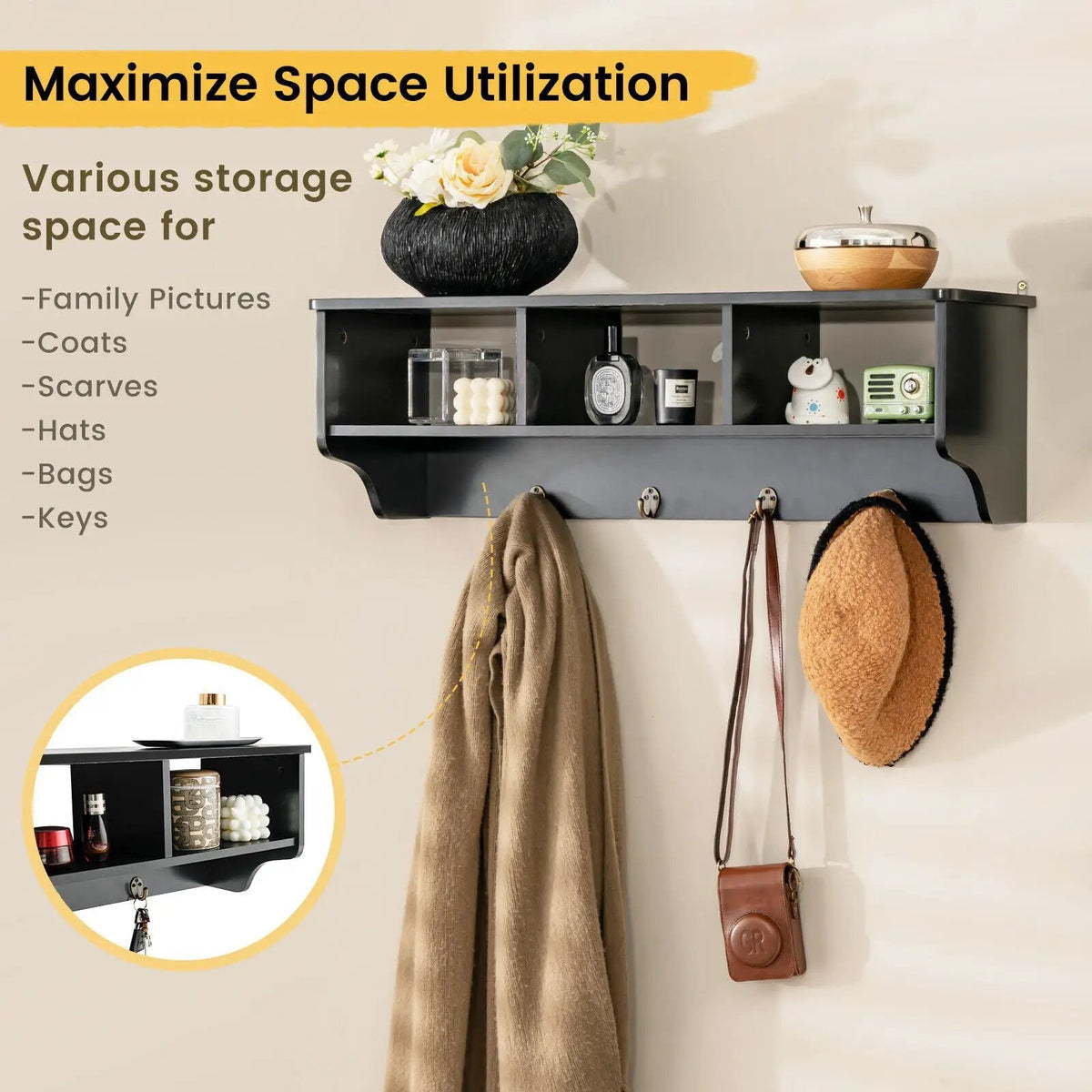 Wall Mount Cubby Organizer Hooks Entryway Storage Shelf, photo 13 of 16