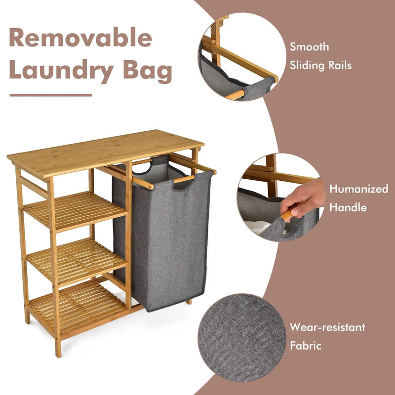 Bamboo Laundry Hamper Stand with Removable Sliding Bag and 3-Tier Open Shelves by DirectDeals