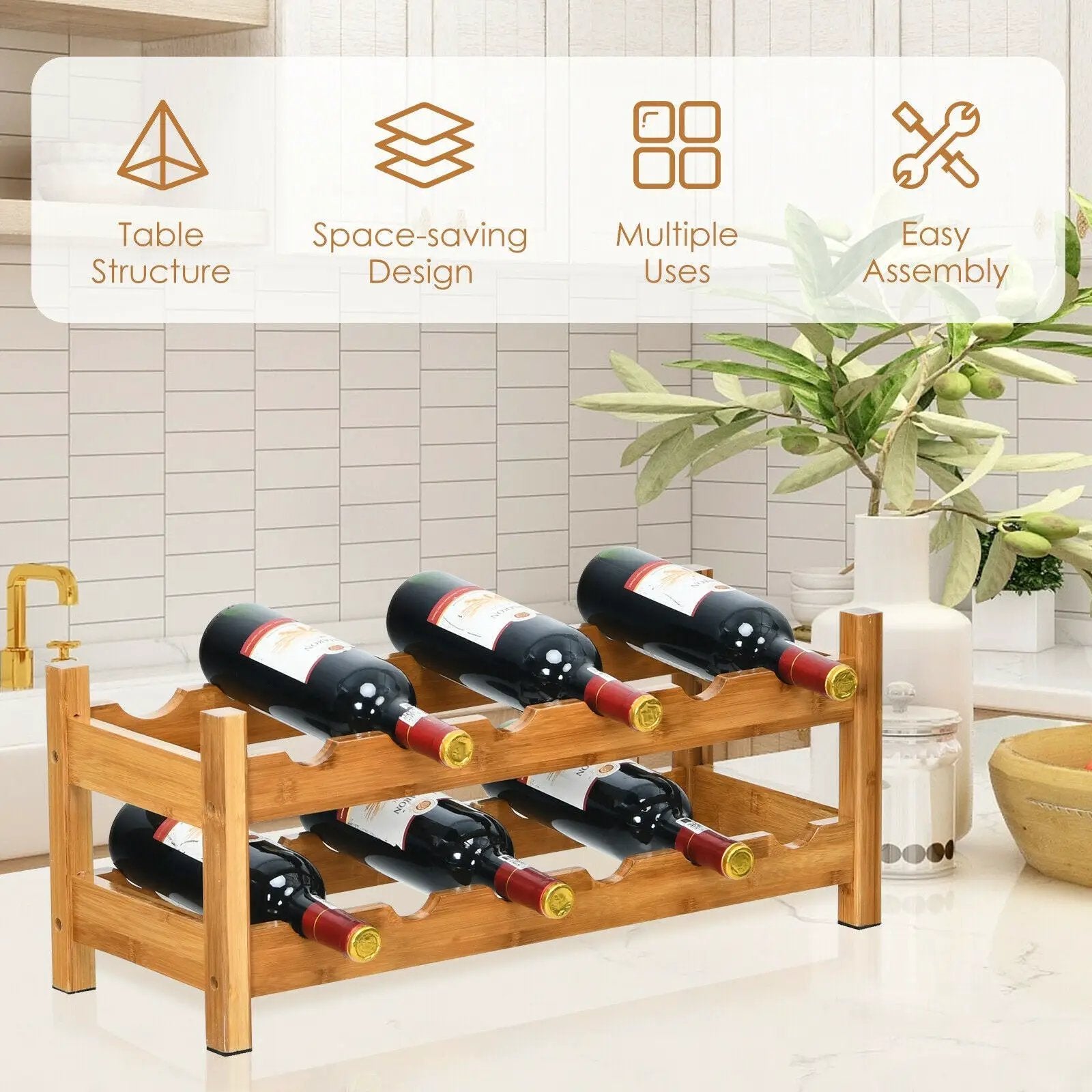 2-Tier 12 Bottles Bamboo Storage Shelf Wine Rack by DirectDeals