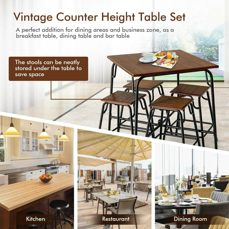 5 Pieces Bar Table Set with 4 Counter Height Backless Stools-Rustic Brown by DirectDeals