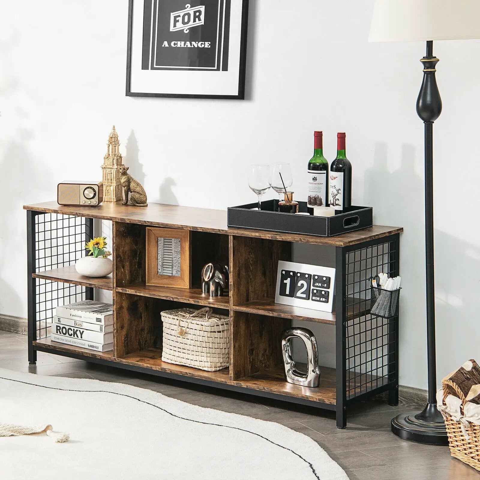 Mid-Century Wooden TV Stand with Storage Basket for TVs up to 65 Inch-Rustic Brown by DirectDeals
