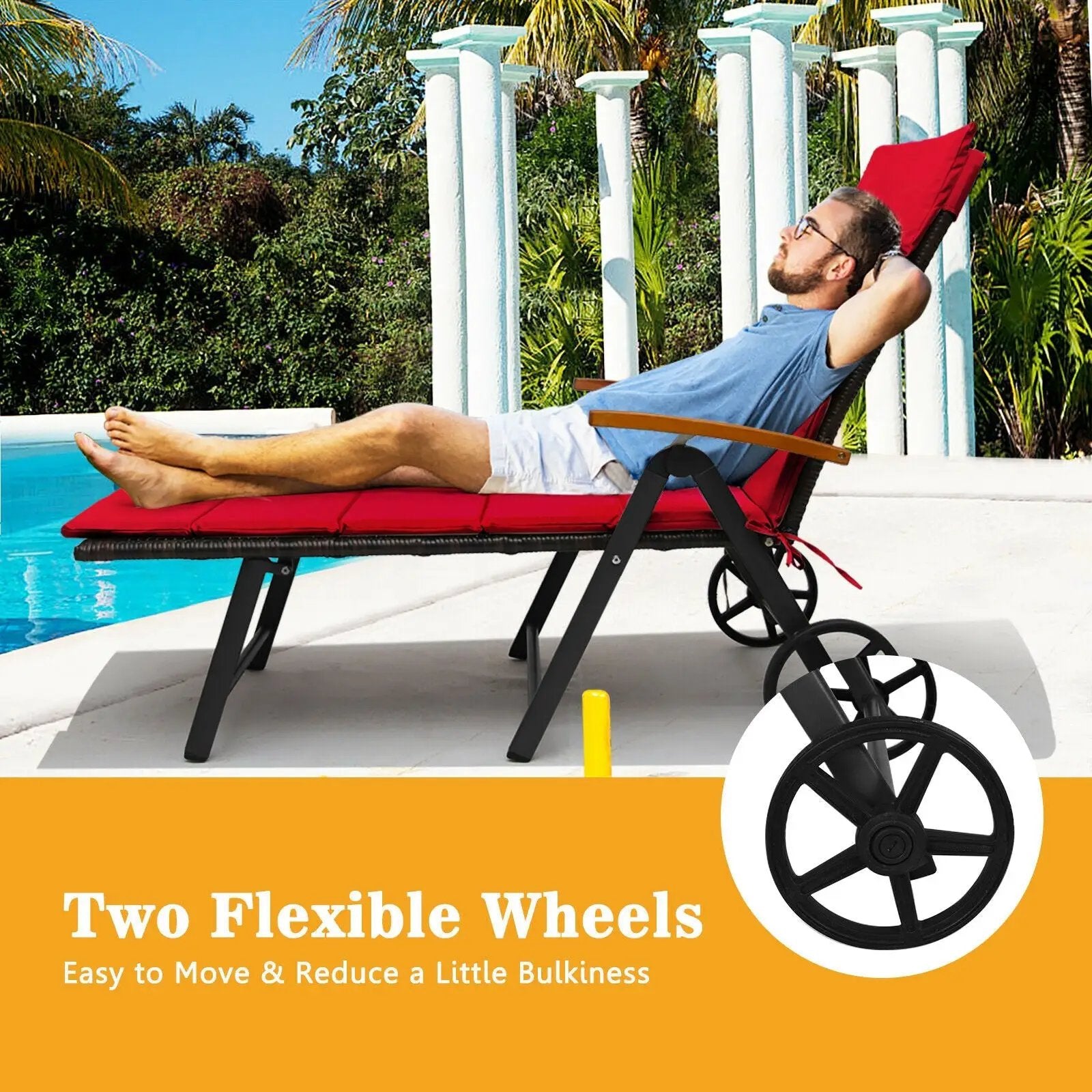 Folding Patio Rattan Lounge Chair with Wheels-Red by DirectDeals