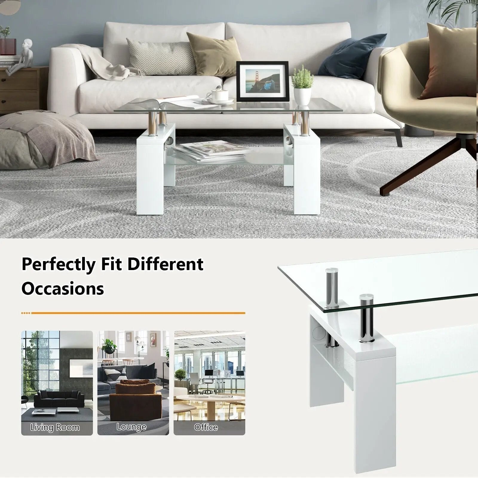 Rectangular Tempered Glass Coffee Table with Shelf by DirectDeals