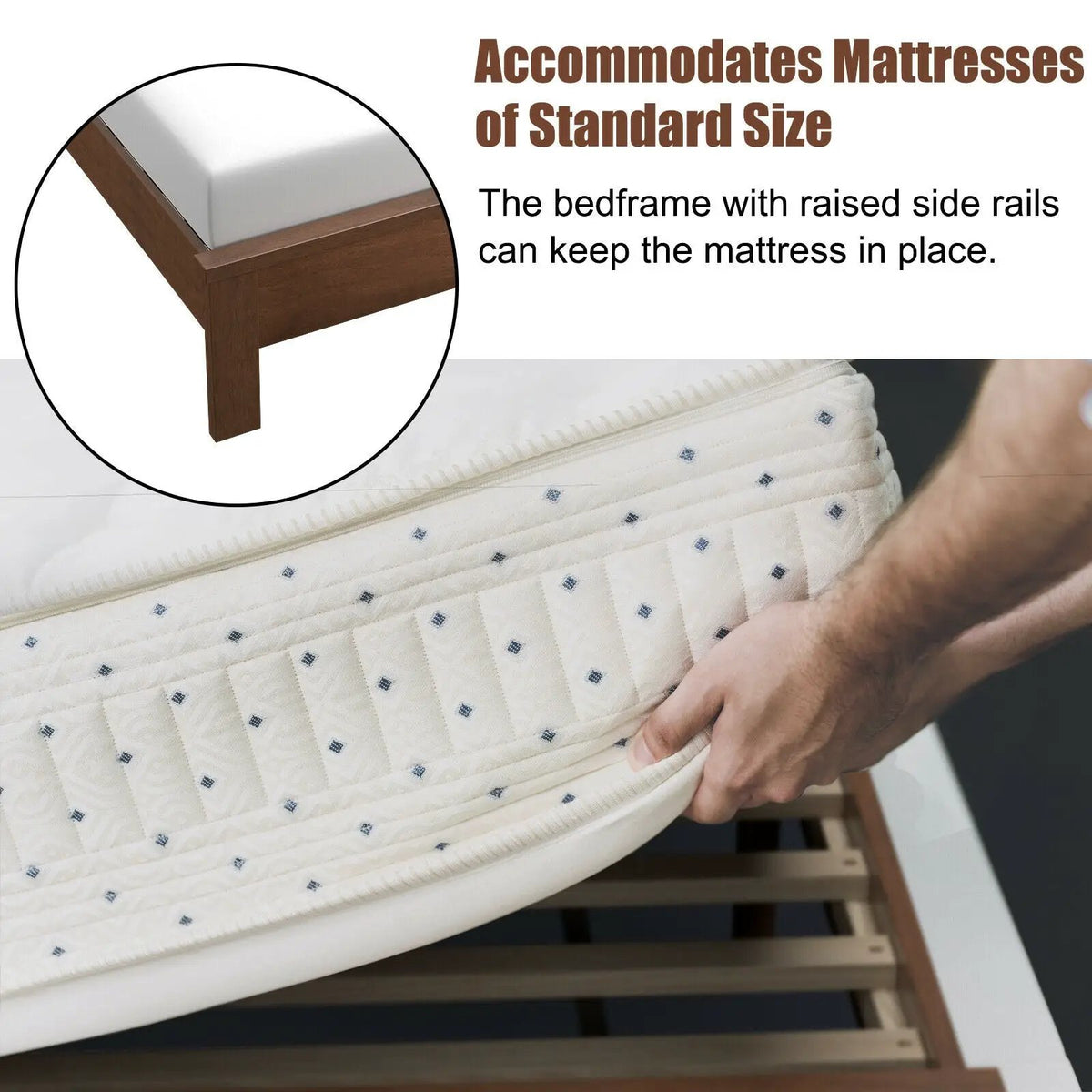 Queen Size Bed Frame Platform Slat High Headboard Bedroom with Rubber Wood Leg, photo 6 of 10