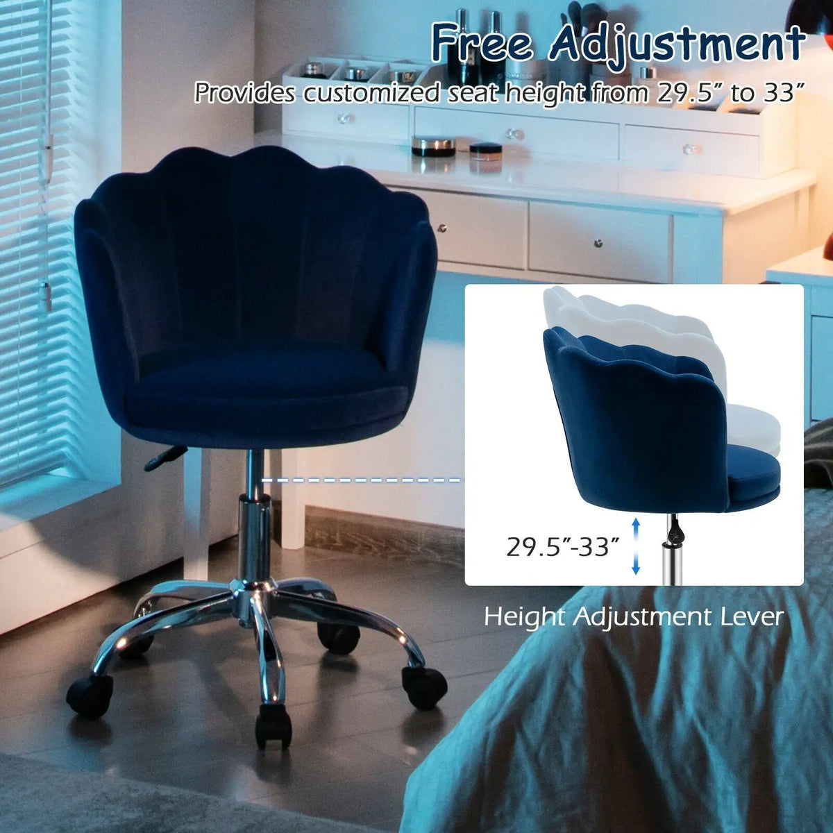 Upholstered Velvet Kids Desk Chair with Wheels and Seashell Back, photo 9 of 11