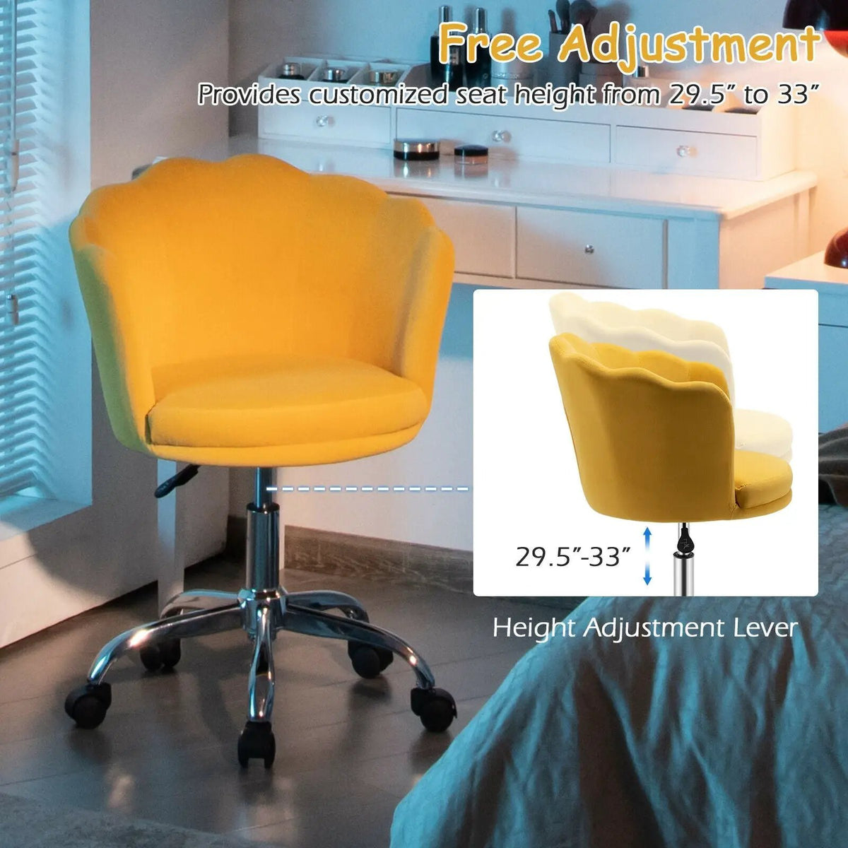 Upholstered Velvet Kids Desk Chair with Wheels and Seashell Back, photo 11 of 11