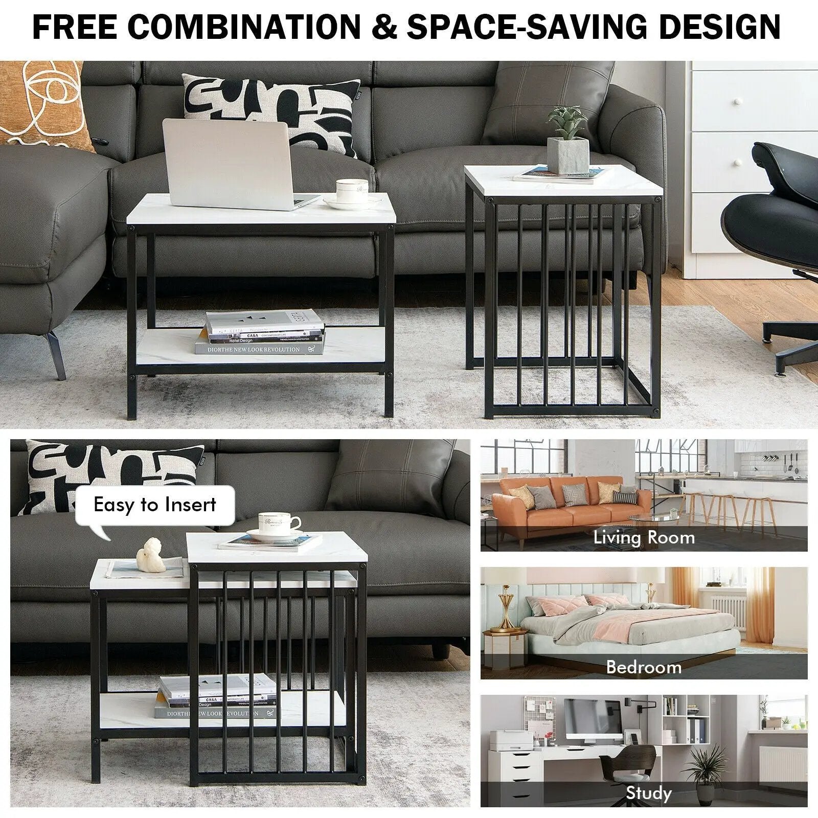 Set of 2 Nesting End Tables with Storage Shelf-White by DirectDeals