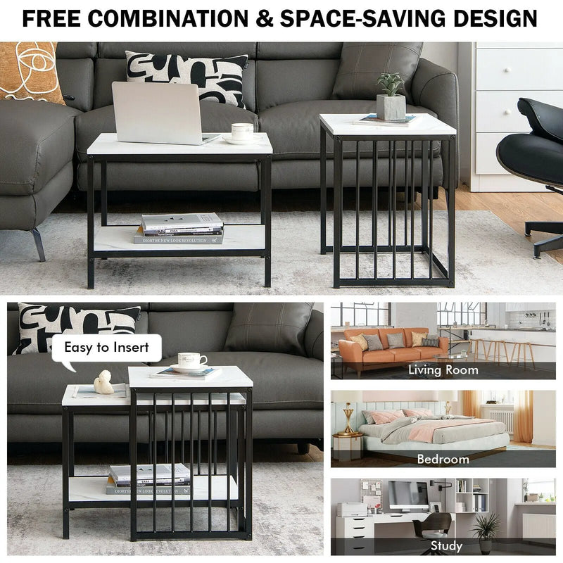 Set of 2 Nesting End Tables with Storage Shelf-White by DirectDeals