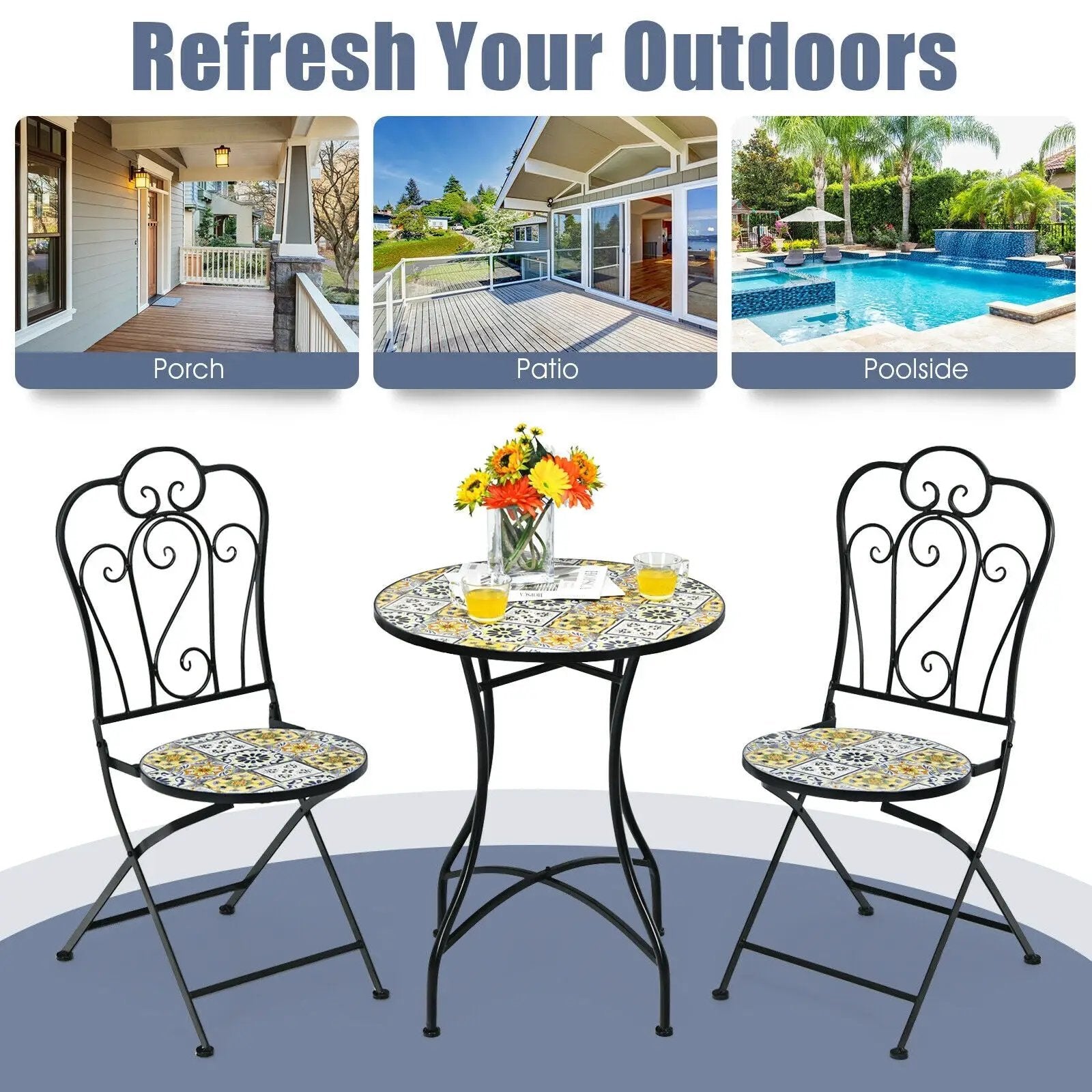 2-Pieces Mosaic Folding Bistro Chairs with Ceramic Tiles Seat by DirectDeals