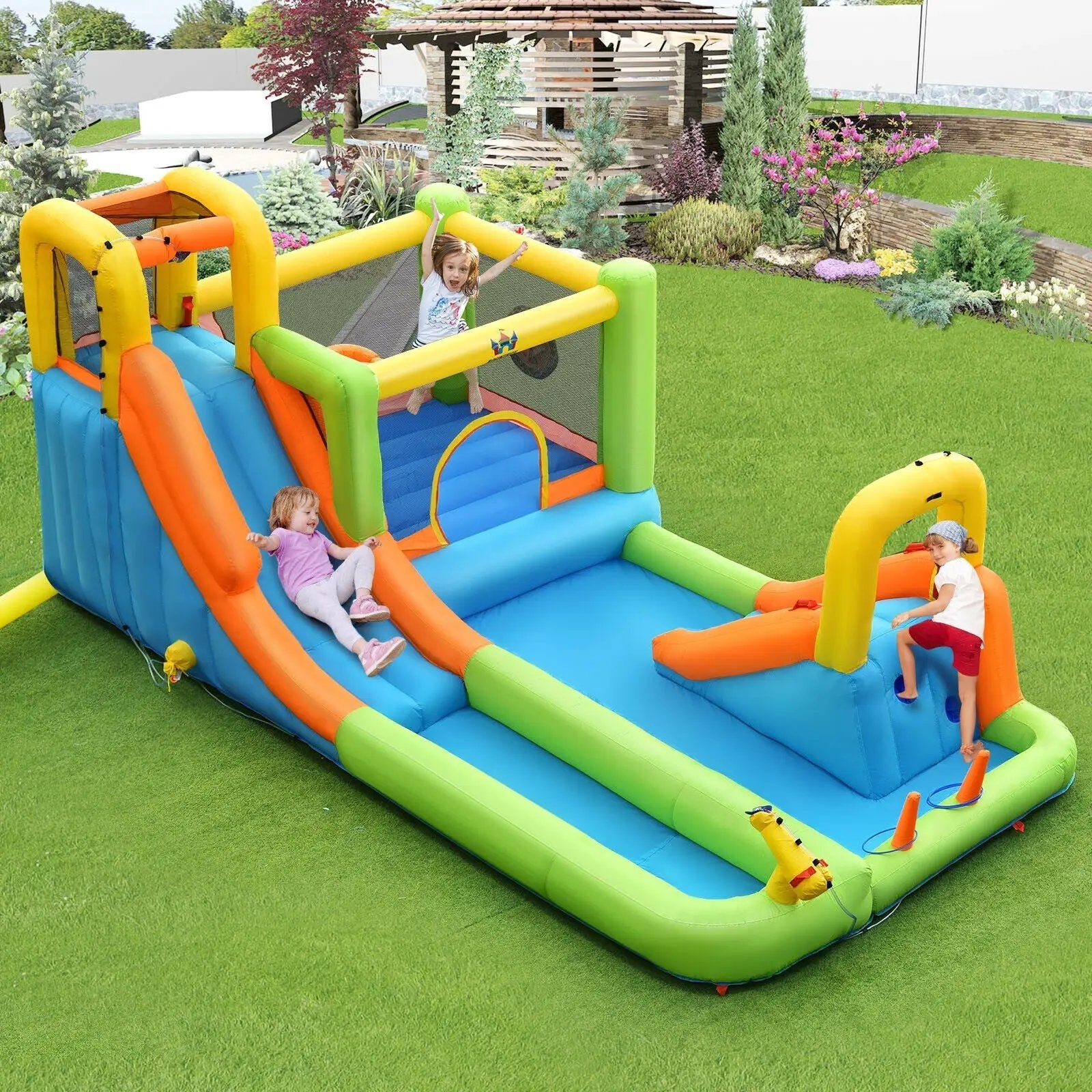 8-in-1 Inflatable Water Slide Bounce House with Splash Pool and 735W Blower by DirectDeals
