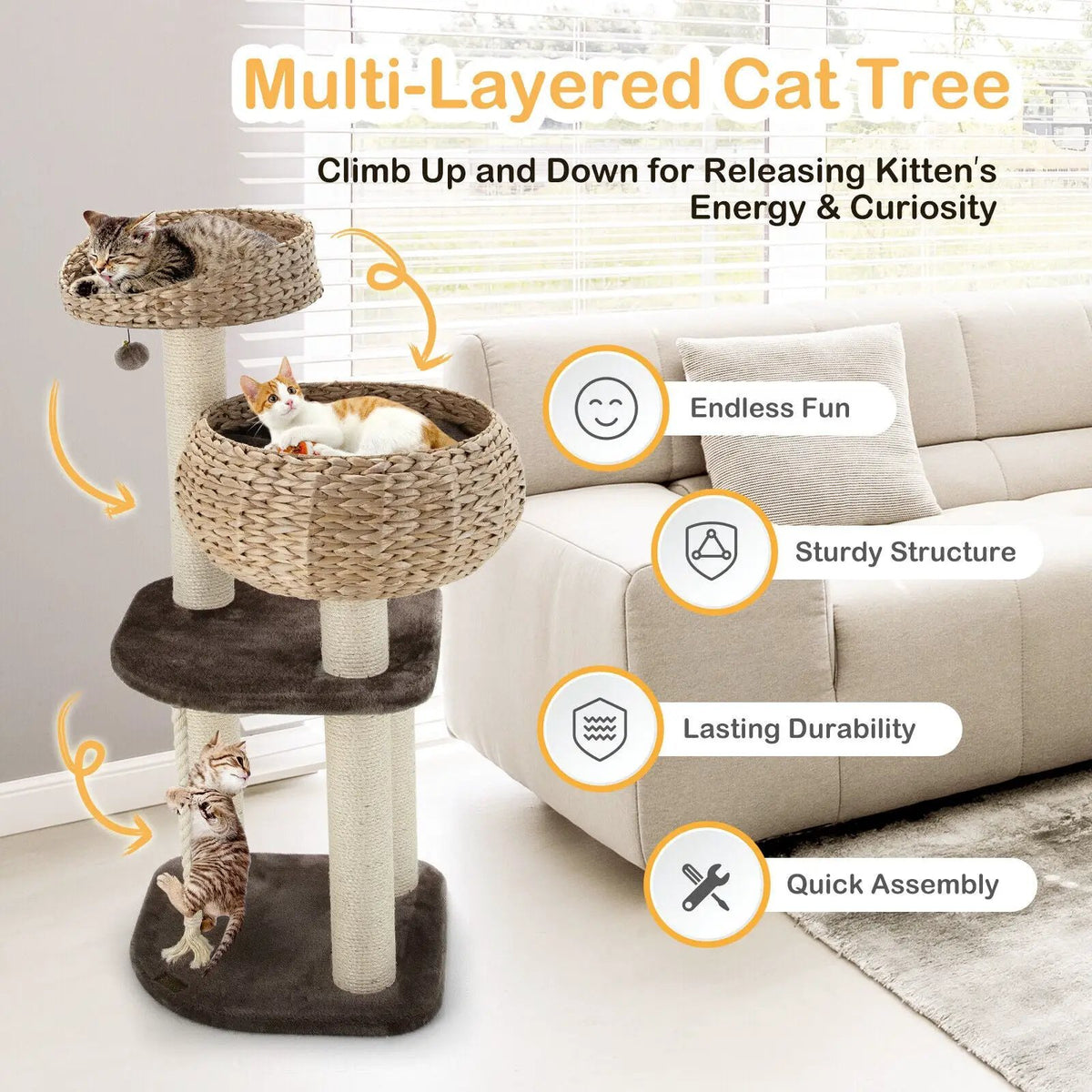 41 Inch Rattan Cat Tree with Napping Perch, photo 7 of 9