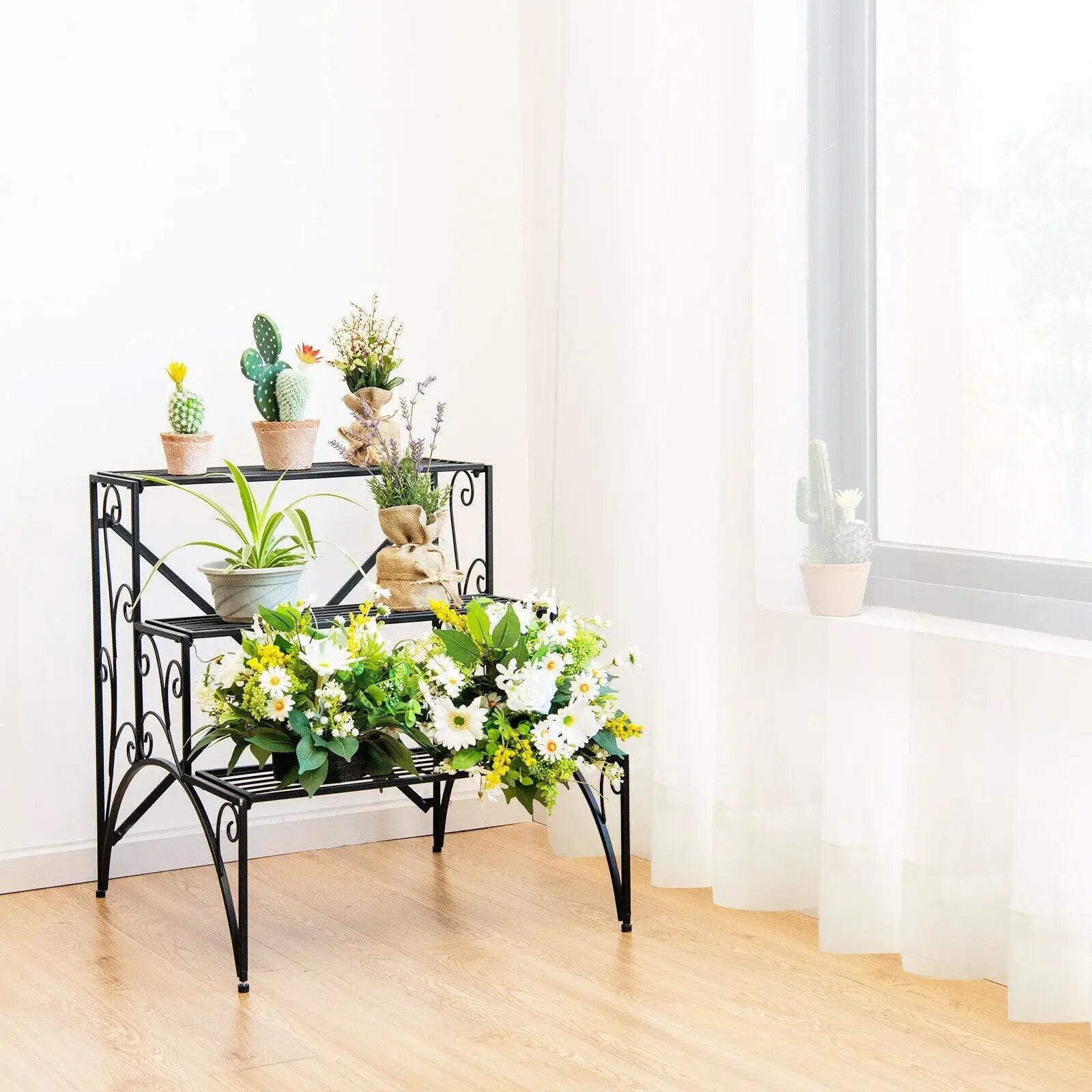 3-Tier Metal Plant Stand with Widened Grid Shelf for Porch Garden-Black by DirectDeals