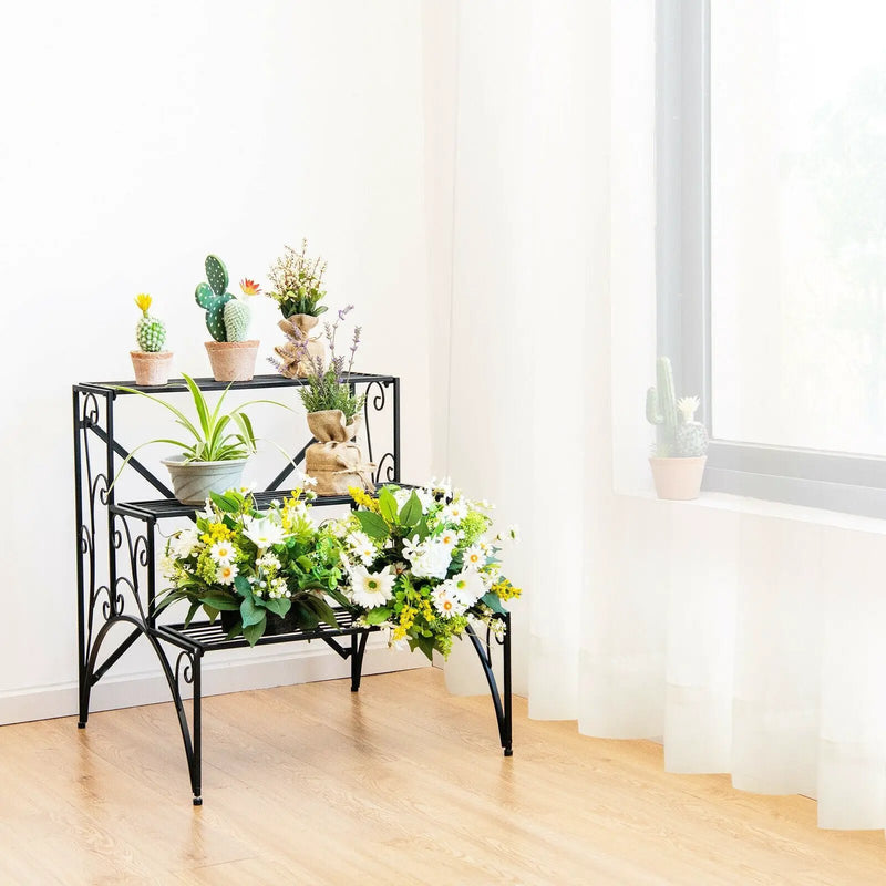 3-Tier Metal Plant Stand with Widened Grid Shelf for Porch Garden-Black by DirectDeals
