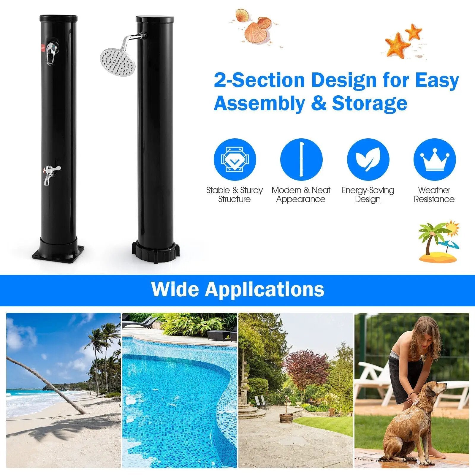 7.2 Feet Solar-Heated Outdoor Shower with Free-Rotating Shower Head by DirectDeals