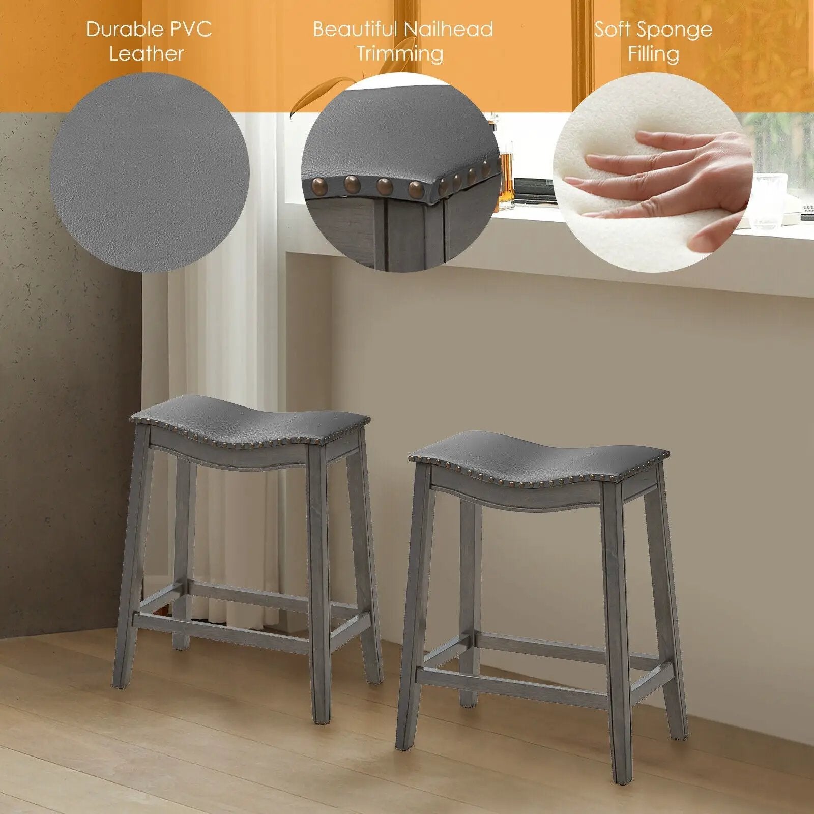 Set of 2 PU Leather Saddle Bar Stools with Rubber Wood Legs by DirectDeals