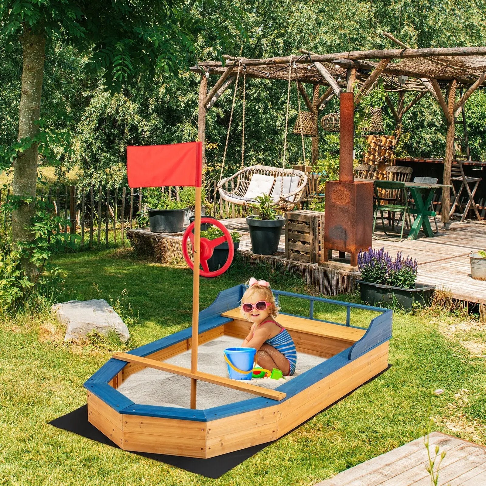 Kids' Pirate Boat Sandbox with Flag and Rudder by DirectDeals