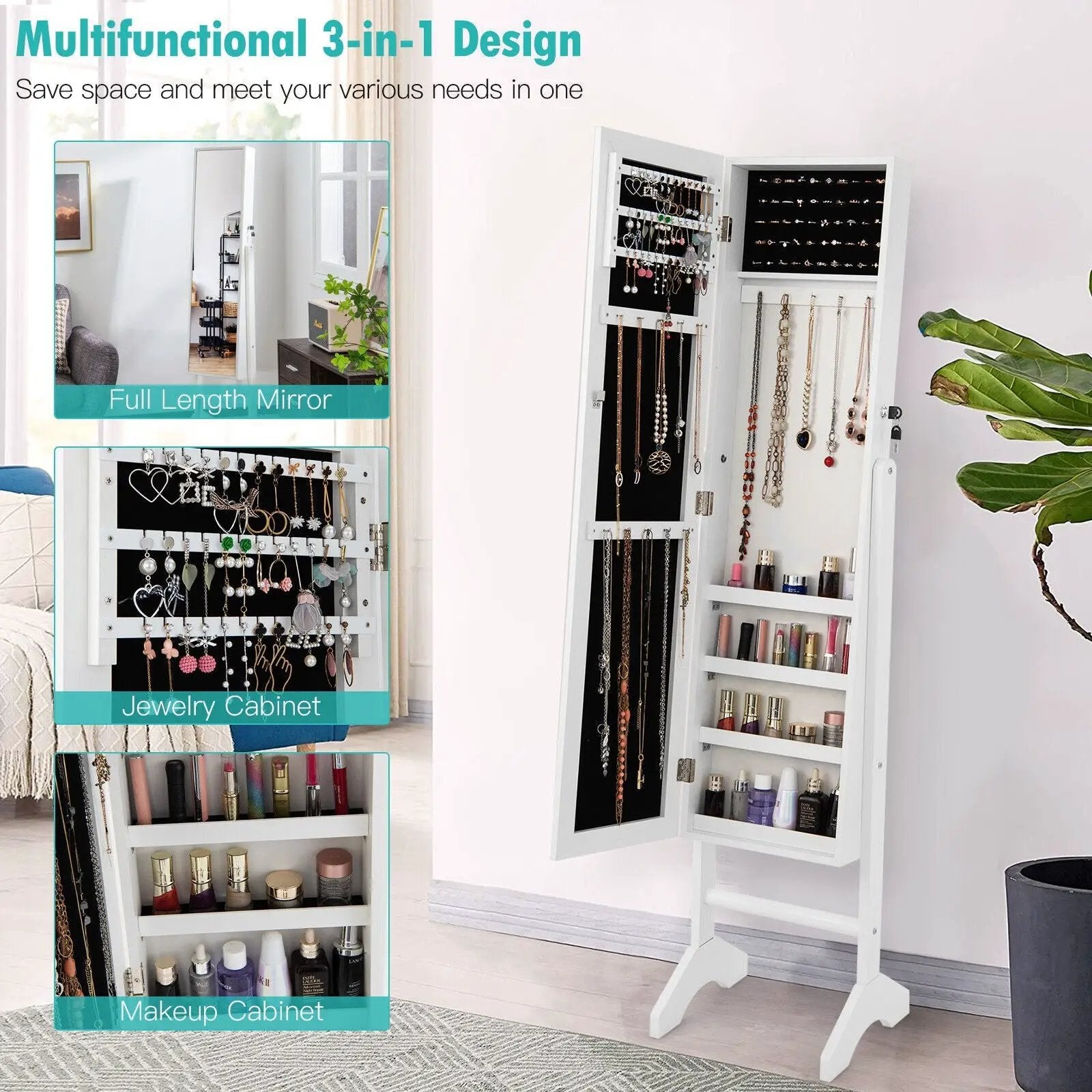 Free-Standing Jewelry Cabinet with Full-Length Mirror and Lockable Door by DirectDeals