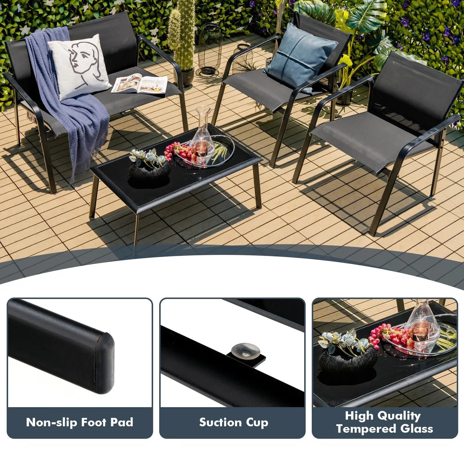4 Pieces Patio Furniture Set with Armrest Loveseat Sofas and Glass Table Deck by DirectDeals
