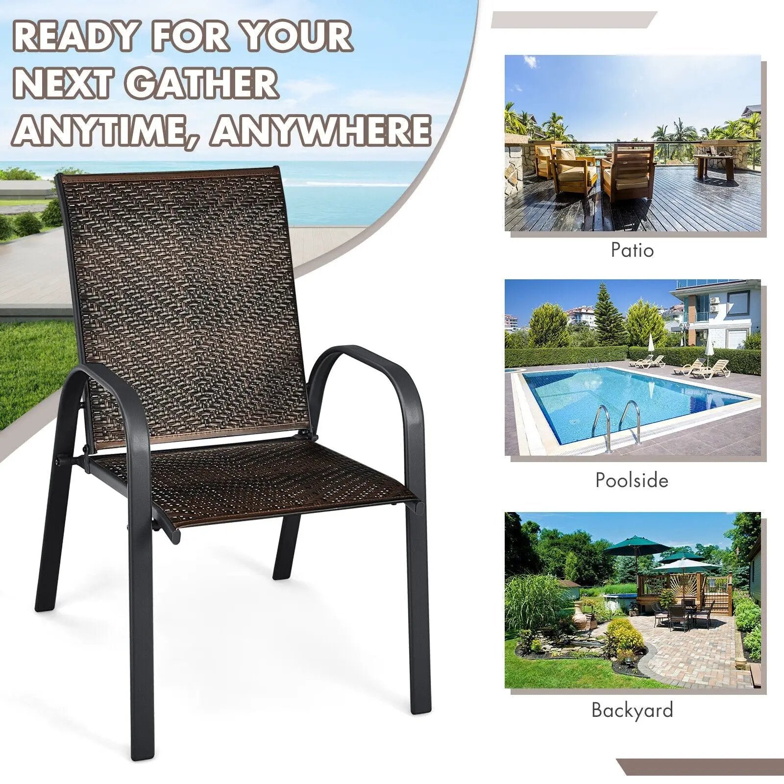 Set of 6 Outdoor PE Wicker Stackable Chairs with Sturdy Steel Frame by DirectDeals