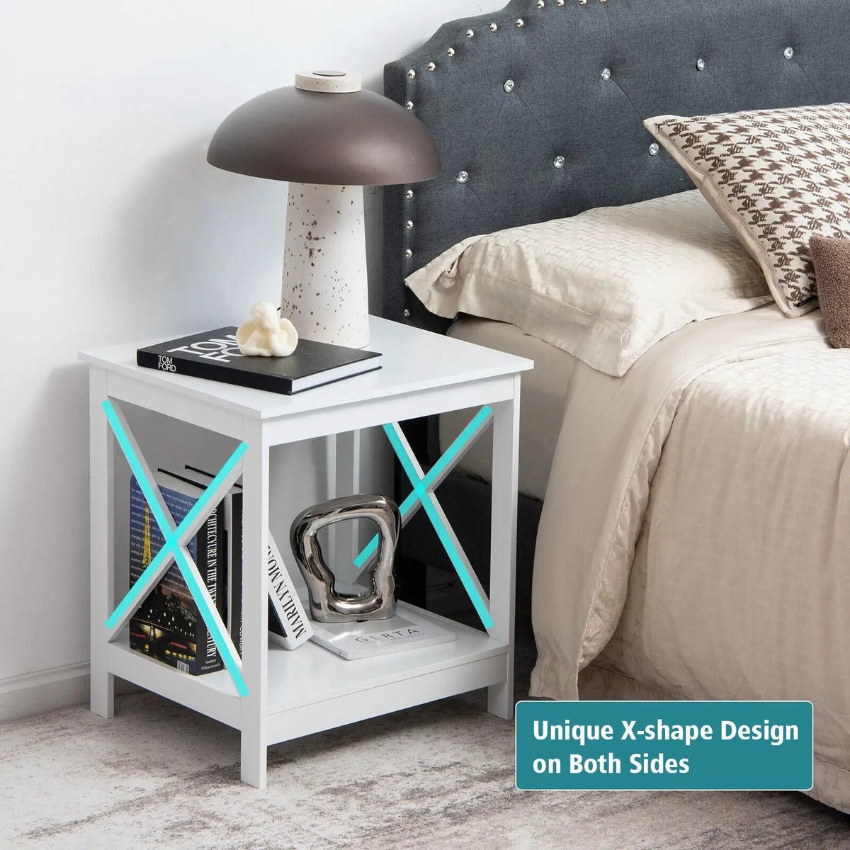 2-Tier Side Table with X-shape Design and 4 Solid Legs, photo 20 of 21