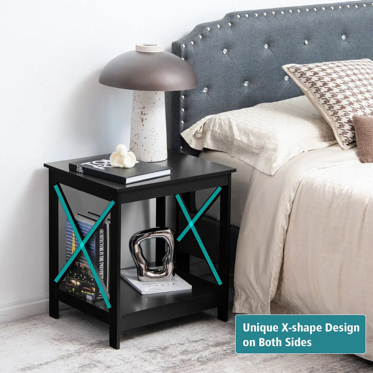 2-Tier Side Table with X-shape Design and 4 Solid Legs, photo 19 of 21