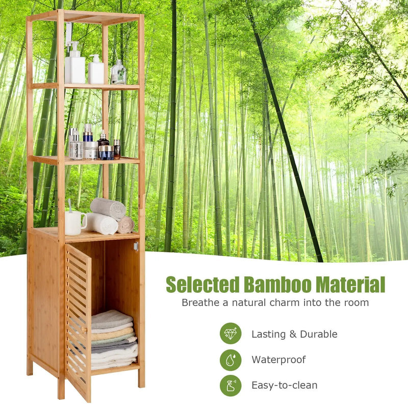 4 Tiers Slim Bamboo Floor Storage Cabinet with Shutter Door and Anti-Toppling Device-Natural by DirectDeals